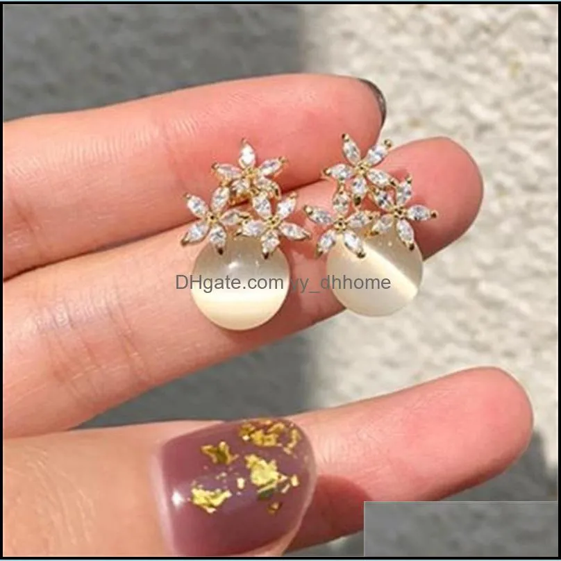 Zircon Flower Ear Studs Artificial Cat Eye Stone Alloy Stud Fashion Women Gold Plated Earrings 3 08ll L2