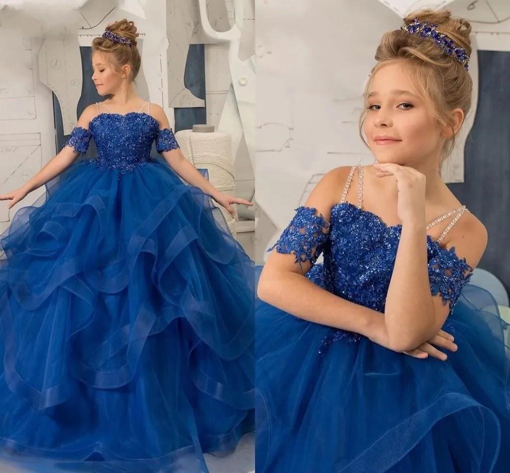 Ciemna Blue Princess Little Ball Suknia Dziewczyna Paczne Suknie Frezowanie Paski Koronki Appliqued Flower Girl Sukienka Dla Weselu Przyjęcie Urodzinowe Zmęczony Tiul Dla Dzieci
