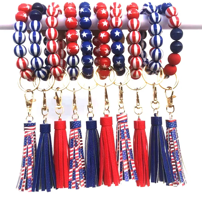 Wood Bead Bracelet Party Favor Independence Day Beads Key Chain American Flag Tassel Wristband Pendant Fashion Wristlet Bangles Holder Wrist Ring Jewelry B8163