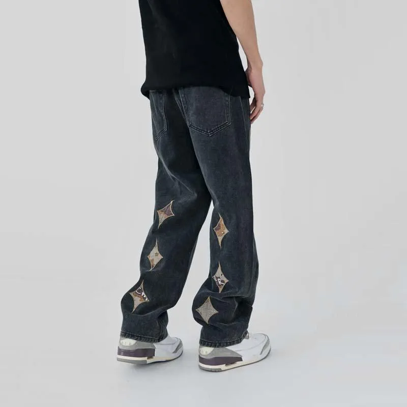 Jeans da uomo Stelle Patch Design Uomo Retro Jean Hip Hop Lettera Ricamo Lavato Donna Pantaloni in denim Cotone Casual Streetwear Baggy JeanMen's