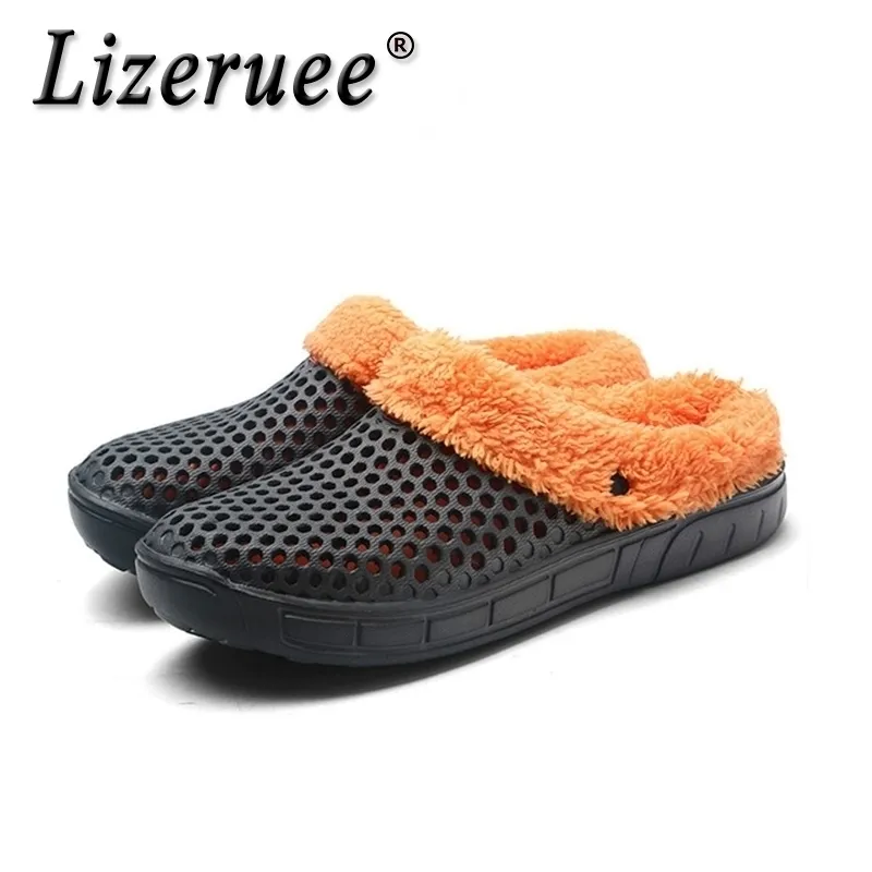 Lizeruee Casual EE. UU. Zuecos con zapatos de invierno de piel para hombres Zapatillas de felpa suave Forro polar Piso para el hogar Zapatilla cálida Zapatos para hombres Y200520