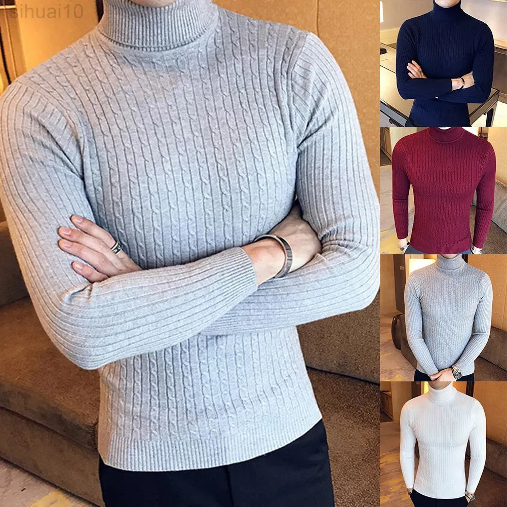 Suéter delgado de punto torcido de manga larga con cuello de tortuga de color sólido de invierno para hombres casuales L220801
