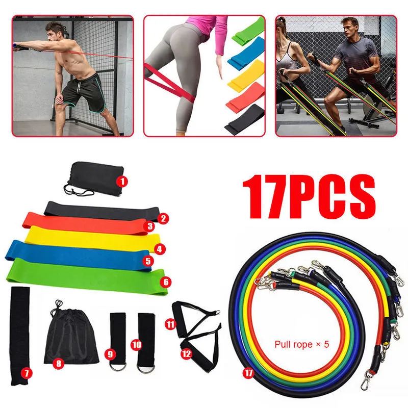 17Piece VIP Drop 17pcs Pull Rope Fitness Exercises Resistance Band Set Training Yoga Band Gym Fitness Equipment Muslce 201109