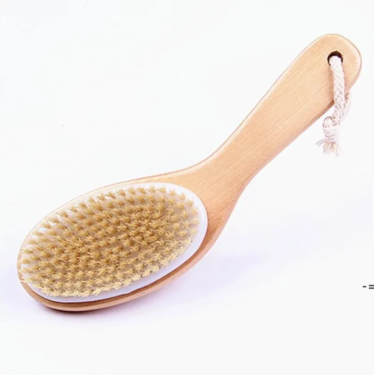 Natural Boar Bristle Body Brush med Konturerat Trähandtag Exfoliates Torka Hud Badrengöring Borste GCB15077