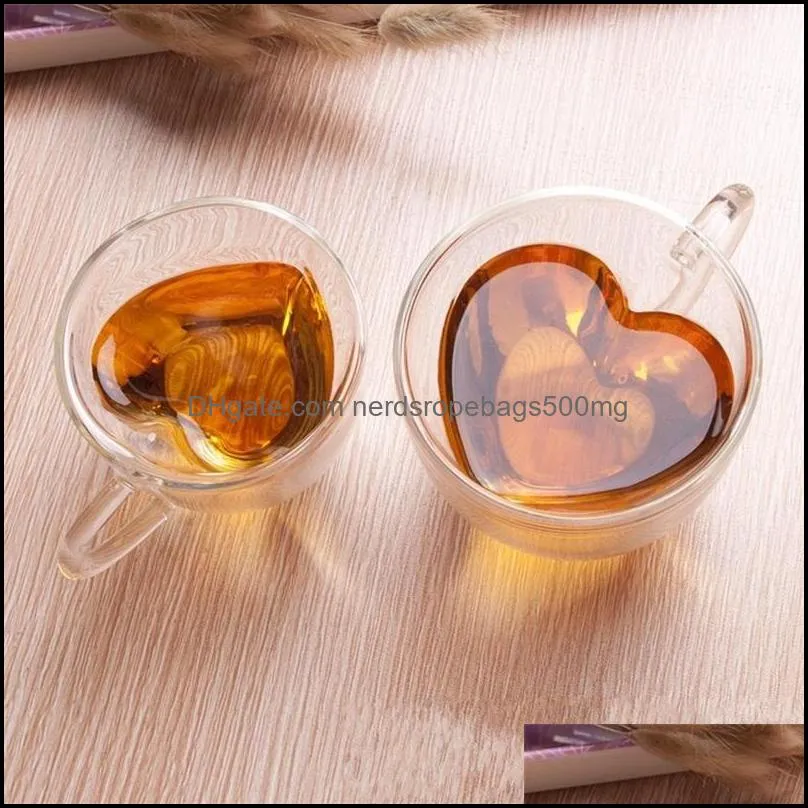 Glass Double Deck Tea Cups Milk Coffee Love Heart Drinks Tumbers Water Heat Resisting With Handle Personality Mug Hot Sale 7 5am2 F2