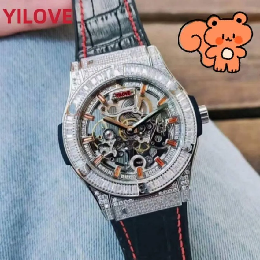 Herren-Armbanduhr Mission Runway 43 mm, schwarz, grün, echtes Lederarmband, Bling-Diamanten, Uhr, automatisch, mechanisch, wasserdicht, ausgehöhlte Design-Armbanduhren