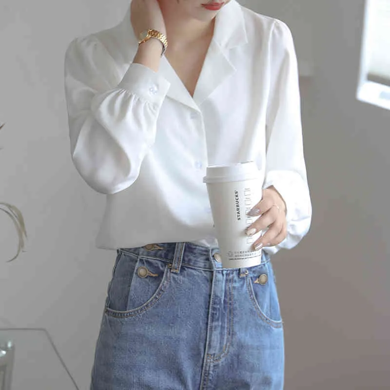 Blouse blanche Femmes Puff Sleeve Chemises à poitrine unique Femme Plus Taille Turndown Blouse élégante Bureau Femmes Vêtements 210412