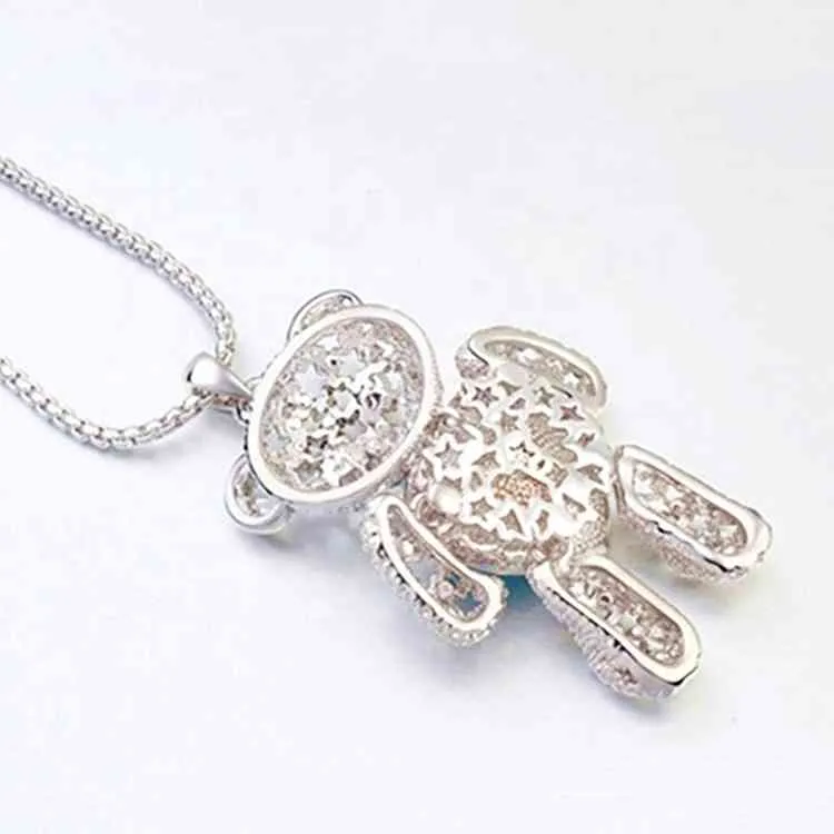 Gold plated jewelry fashion long chain love heart cz bling teddy bear necklace for women