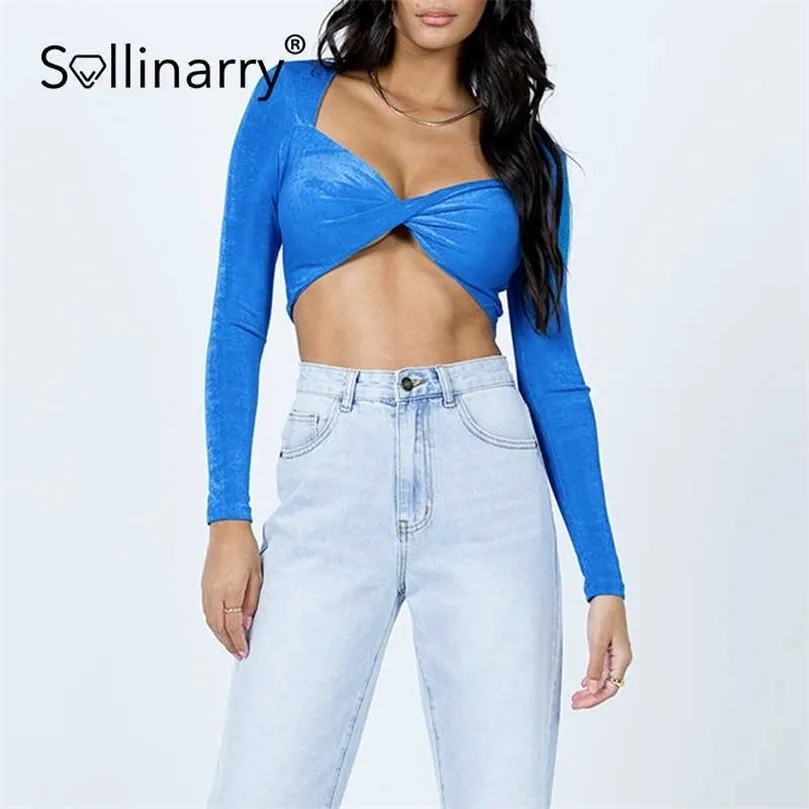 Sollinarry Sexy Sexy Dest Hollow Out Cross Velet Blouse Лето с длинными рукавами