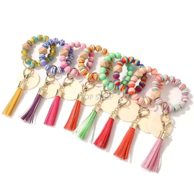 Bracelet en bois de perles, bijoux à pompon en Grain de léopard, Bracelets de perles colorés à la main, Bracelet à franges arc-en-ciel, porte-clés de poignet, porte-clés, pendentif, accessoires de sac EE