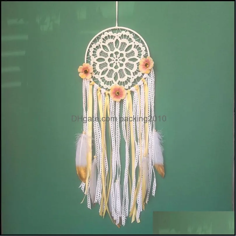 boho dream catchers handmade white gold feather dreamcaters with flowers for wall hanging decoration wedding decoration craft home