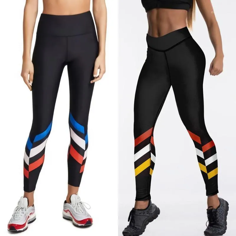 طماق للسيدات Qickitout Push Up Workout High Weist Sportswear Color Stripes طباعة لباس ضيق لللياقة السوداء امرأة