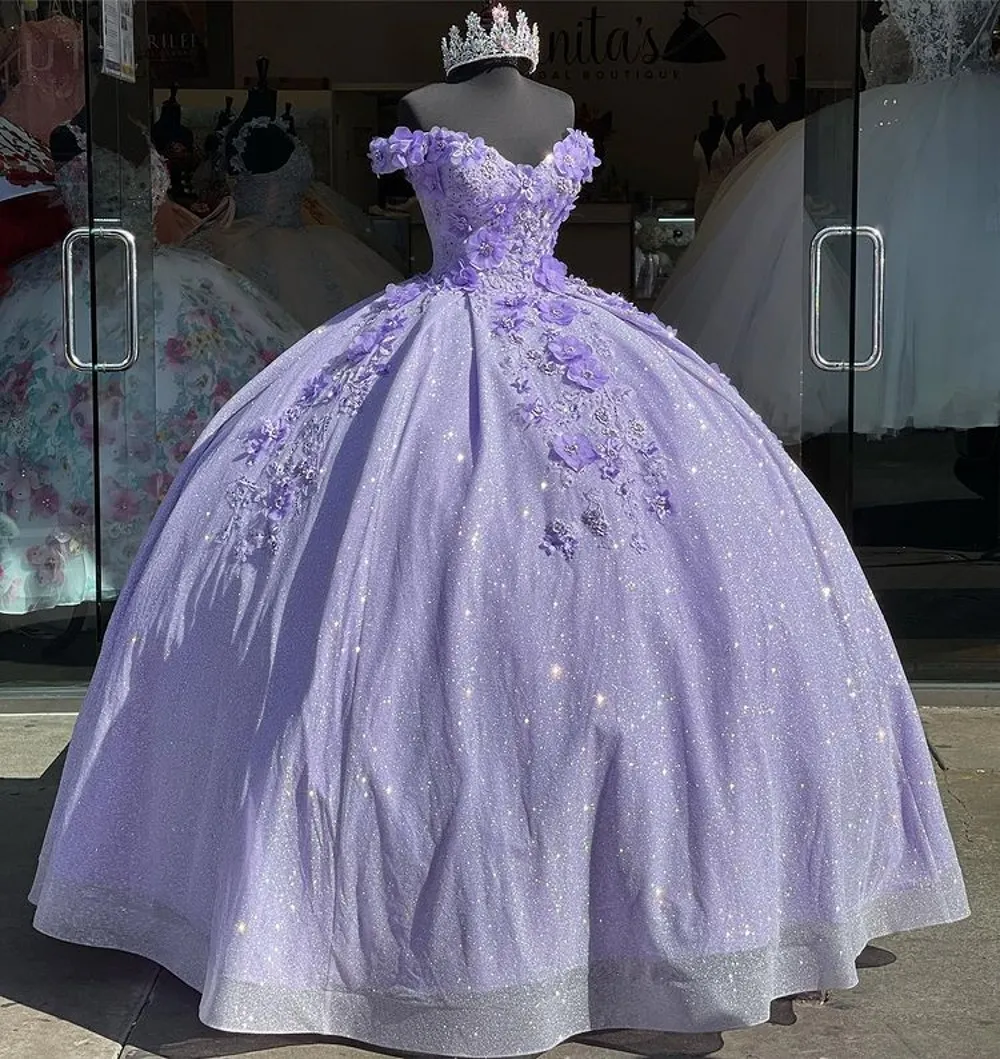 Meksika XV Leylak Quinceanera Elbiseler 3D Çiçek Aplike Boncuk Tatlı 16 Kız Pullu Vestidos De 15 Años