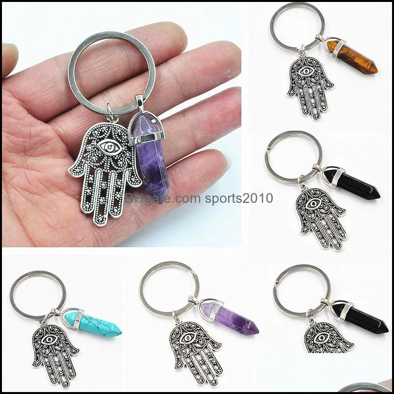Arts And Crafts Natural Stone Key Rings Hexagonal Prism Palm Keychains Sier Color Healing Rose Crystal Car Decor Keyholde Sports2010 Dhbcp