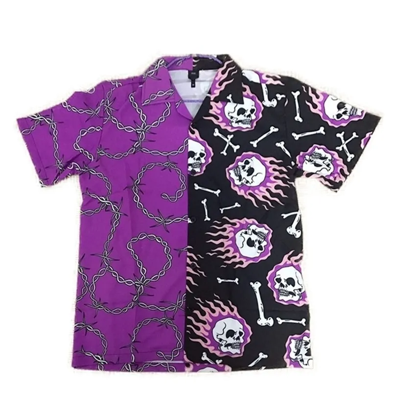 Purpurowy Czarny Patchwork Vintage Koszula Lato Mężczyźni Hawajski Krótki Rękaw Koszula Mężczyzna Dorywczo Drukuj Koszule Plażowe Mężczyzna Oversized Top 220401