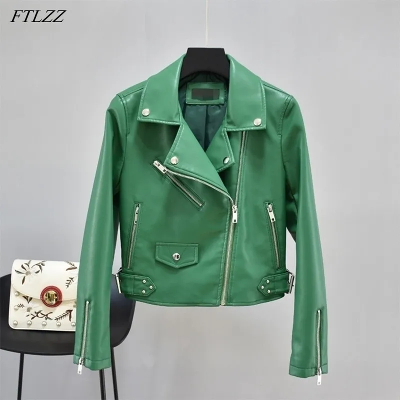 FTLZZ Autumn Women Streetwear Rivet Green Pu Faux Leather Jacket Casual Female Slim Turn Down Collar Biker Black Short Coat 201030