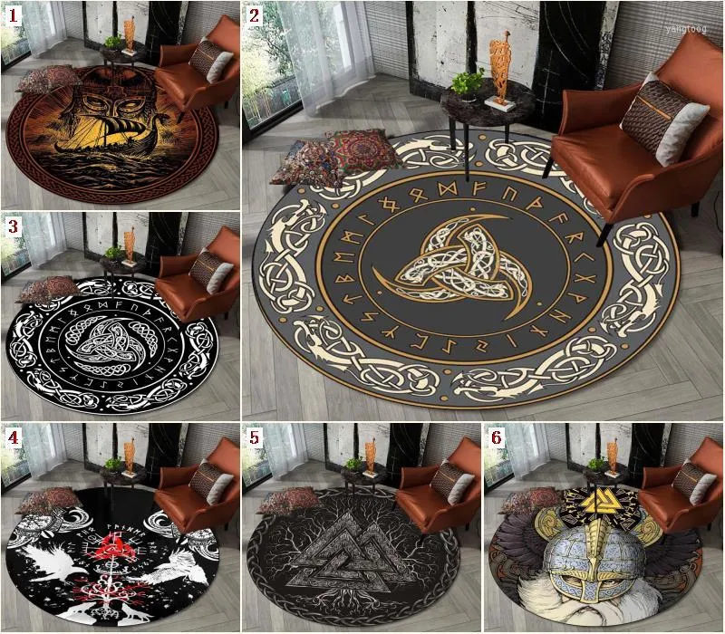 Tapis Viking rétro mystérieux empreinte symbole tapis navires de guerre motif rond décor à la maison tapis anti-dérapant pour chambre chaise MatCarpets