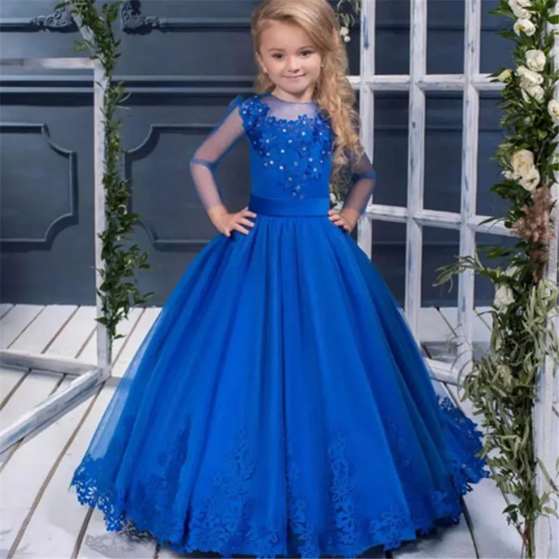 Sukienki dla dziewczynek Royal Blue Flower Girl z długim rękawem koronkowa aplikacja dla dziewczynek księżniczka dziecięca suknia balowa pierwsza komunia sukienek dla dziewczynek