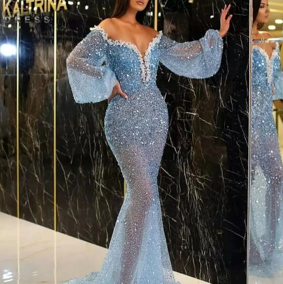 One PCs Sparkle Sequined Mermaid Evening Dresses Luxury Heavy Pearls Beads Prom Dress Abiti da Cerimonia Da Sera Formella Långärmad