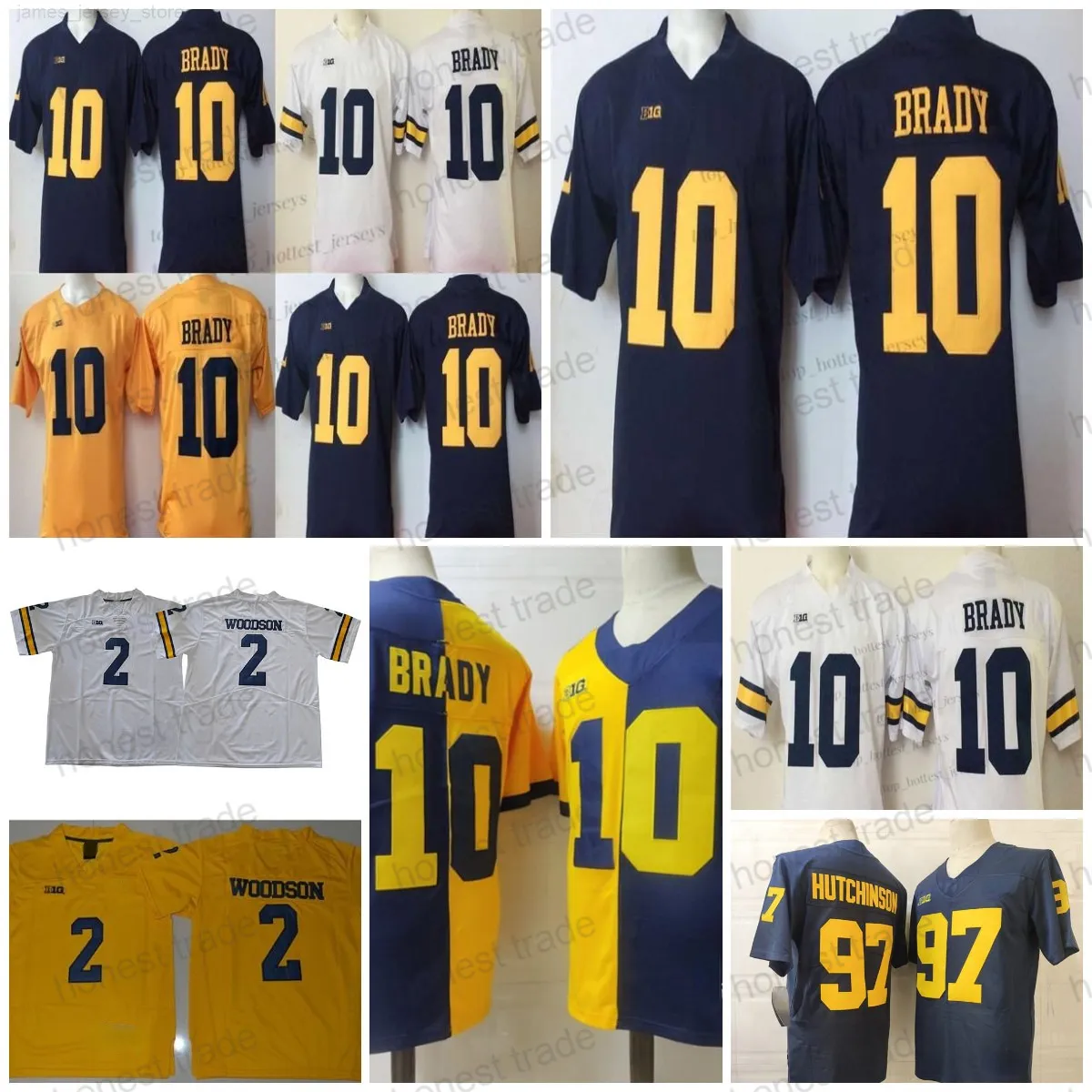 NCAA Michigan Wolverines Tom 10 Brady Jerseys cosidos Mens Hutchinson 2 Charles Woodson College Football Jerseys Azul marino Blanco Amarillo Uniformes