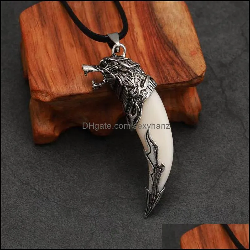 halloween gift wolf tooth men`s pendant necklaces lucky jewelry classic wolf`s head amulet punk leather rope fashion necklace