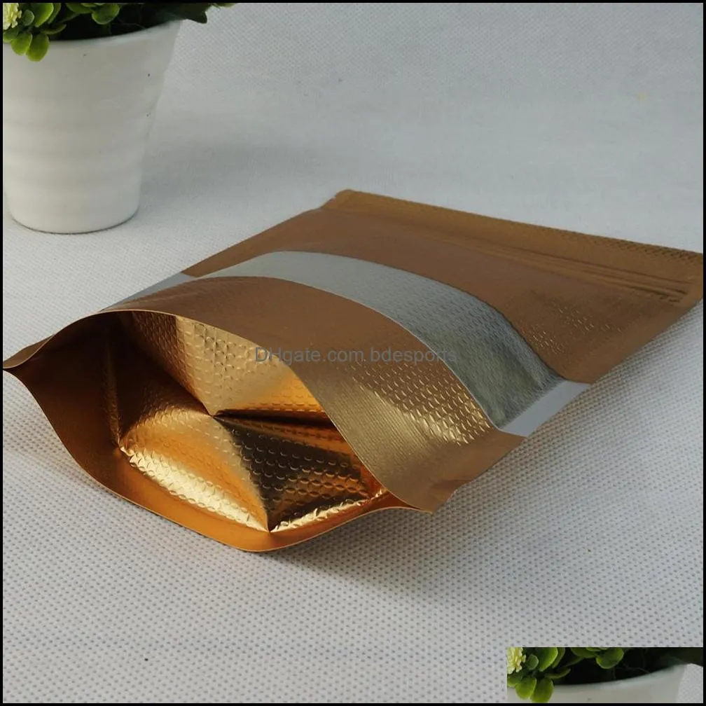 14x20cm Doypack Gold Embossed Bag 50pcs/lot Stand Up Aluminum Foil Zipper Package Bag with Matte Clear Plastic Window 102 S2