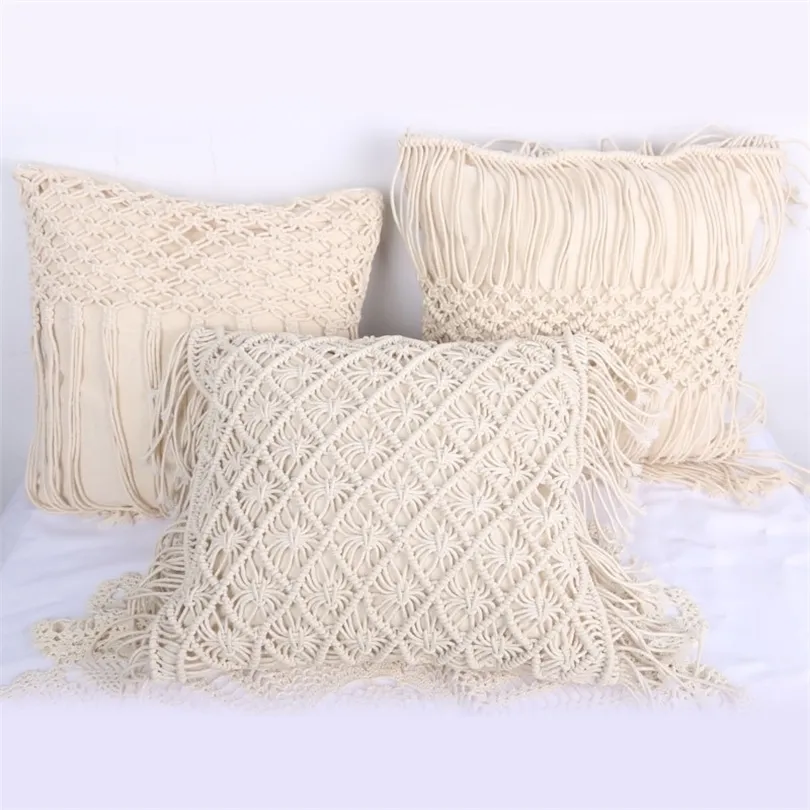 Fundas de cojines hechos a mano Macrame Hilo tejido a mano Fundas de almohada Geometría Bohemia Estilo Funda de almohada Decoración para el hogar T200601