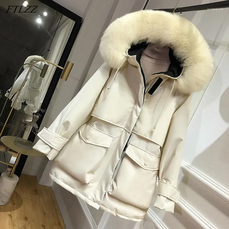 Women's Down & Parkas FTLZZ Winter White Duck Jacket Women Large Natural Fur Hooded Snow Coat Casual Loose Thick Sash Tie Up Luci22