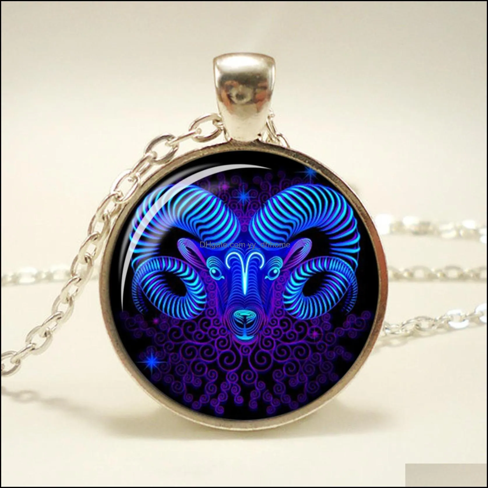 fashion 12 constellation design zodiac sign horoscope astrology glass cabochon pendant necklace for women men