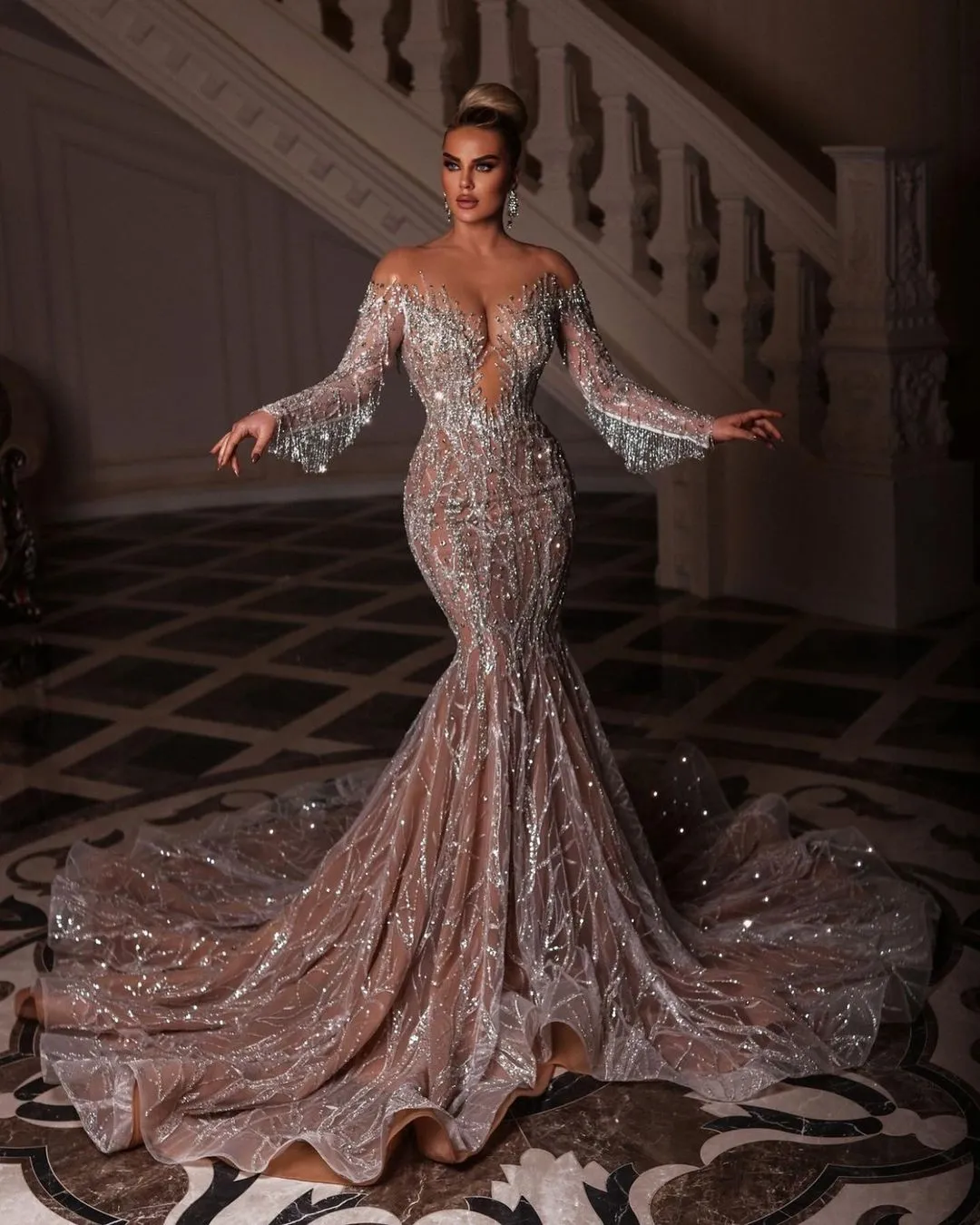Custom-made Mermaid wedding gown with Off-Shoulder Sequins, Long Sleeves, Lace, and Crystal Beading