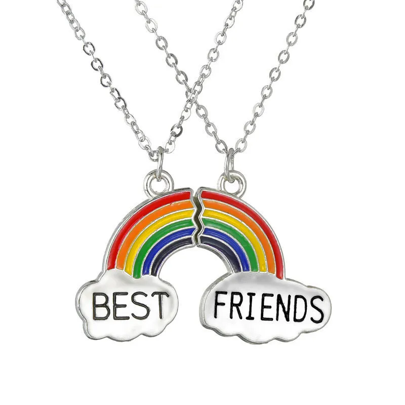 Trendy Emaille versilbert Regenbogen beste Freunde Freundschaft Halskette Freund Kinder Schmuck Geschenk Großhandelspreis