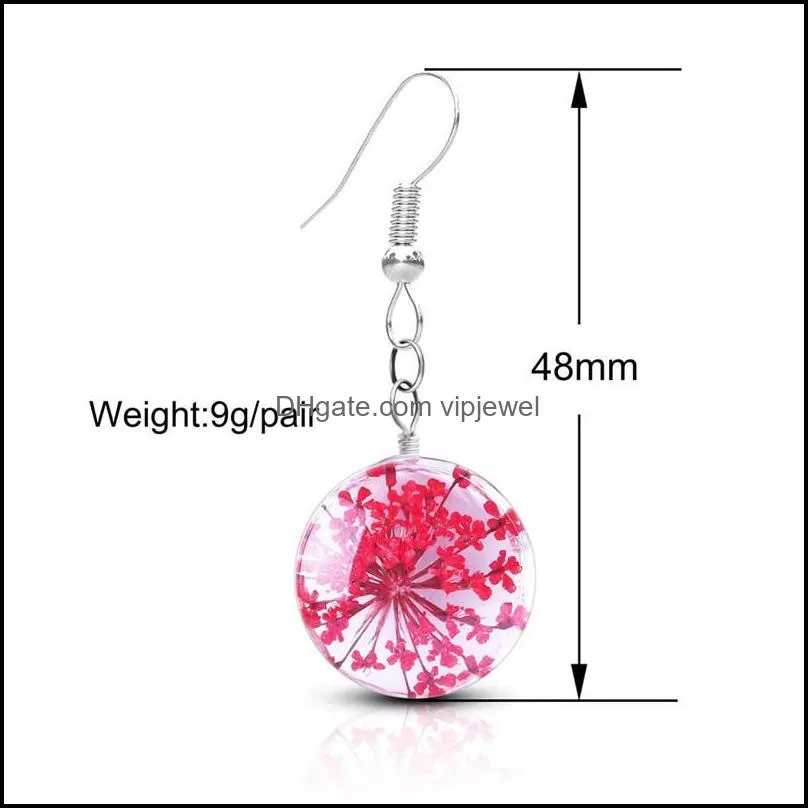 trendy plant dry flower dangle earring colorful dried flowers glass ball earrings for women girls valentine`s day jewelry gift