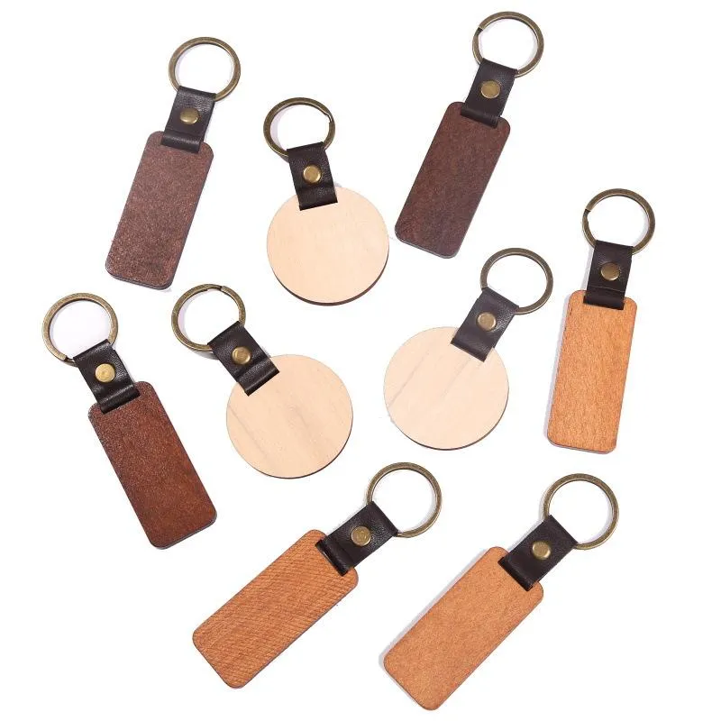 2022 Personalized Leather Keychain Keyring Pendant Beech Wood Carving Keychains Luggage Decoration Key Ring DIY Father`s Day Gift Wholesale