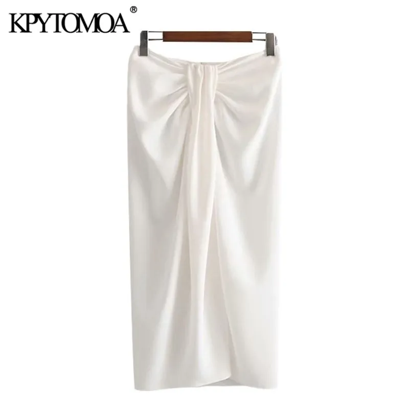 KPYTOMOA Women Chic Fashion Office Wear Knutt Wrap Midi Kjol Vintage High midja Back Dragkedja Slit kvinnliga kjolar Mujer 210306