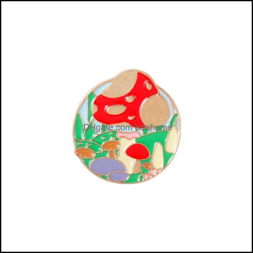 european plant mushroom round shaped brooches pins unisex paint alloy circle clothes badge for backpack hats sweater clothing brooches