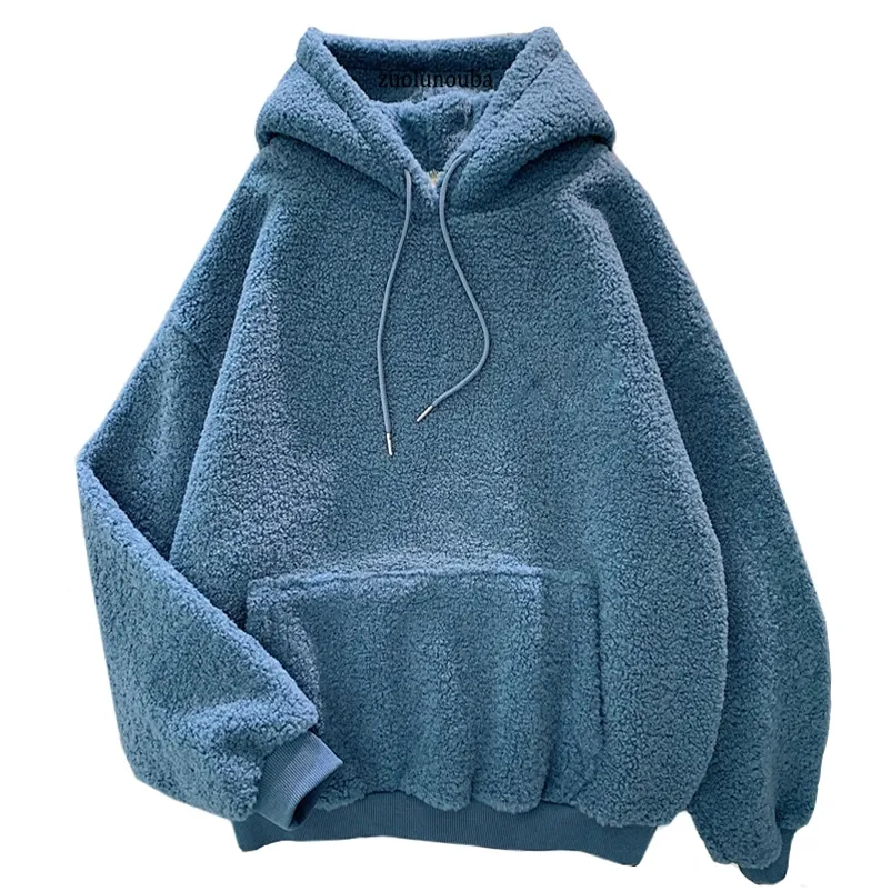Autumn Winter Thick Warm Coat Velvet Cashmere Women Hoody Sweatshirt Solid Blue Pullover Casual Tops Lady Loose Long Sleeve 220726