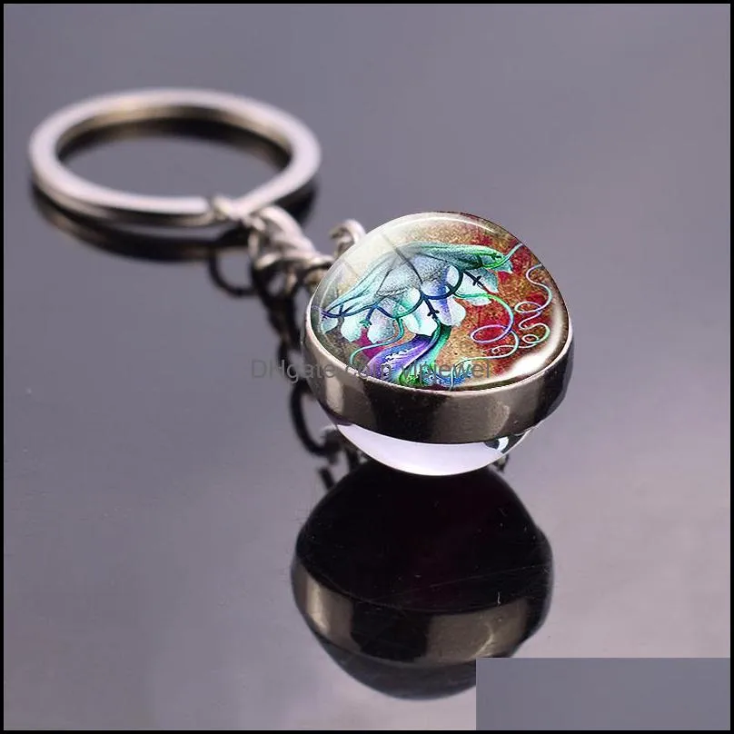 Custom Key Rings Sea Animals Keychain Turtle Starfish Shark Jellyfish  Pattern Double Side Glass Ball Pendant Keyring