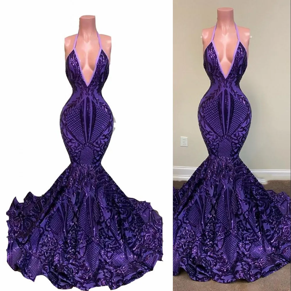 2022 Violet Sparkly Paillettes Dentelle Robes De Bal Sexy Dos Nu Halter Profond Col En V Filles Africaines Sirène Paillettes Longues Femmes Formelles Robes De Soirée