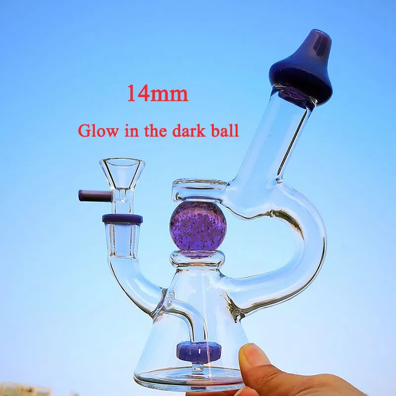 Bong di vetro verde viola da 14 mm Narghilè unici con ciotola che si illumina al buio Ciambella a fessura Perc Dab Rigs Percolatore Showhead invertito