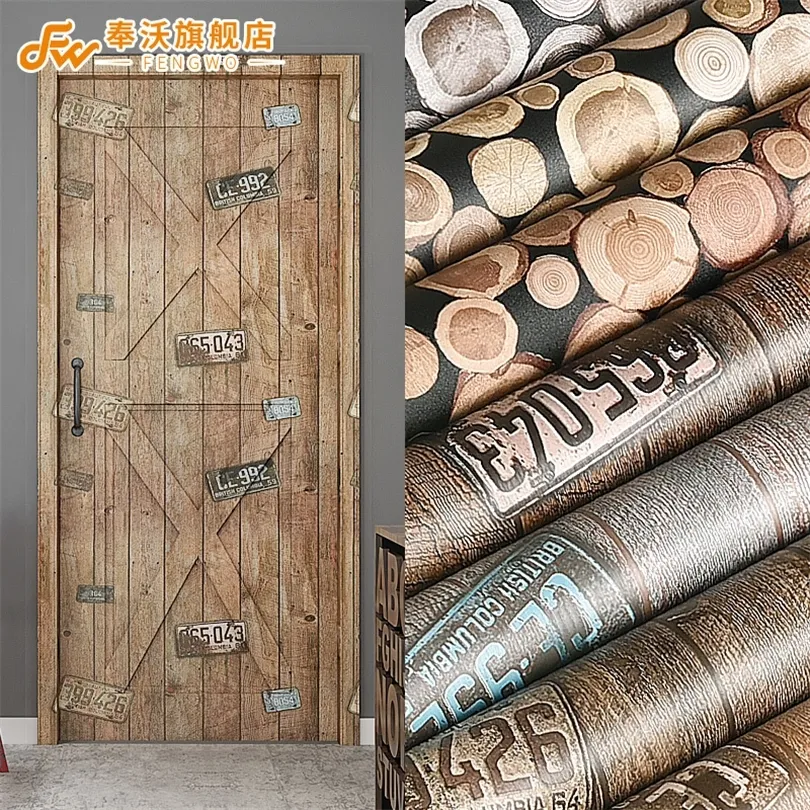 self-adhesive bedroom 3d wooden renovation industrial wind waterproof living room stickers door paper kitchen cabinet wallpaper 201009