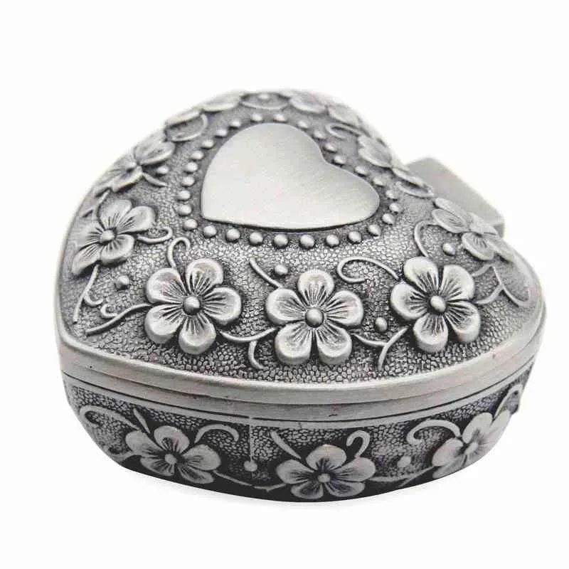 Classic Vintage Antique Heart Shape Jewelry Box Ring Small Trinket Storage Organizer Chester Christmas Gift, Silver H220505