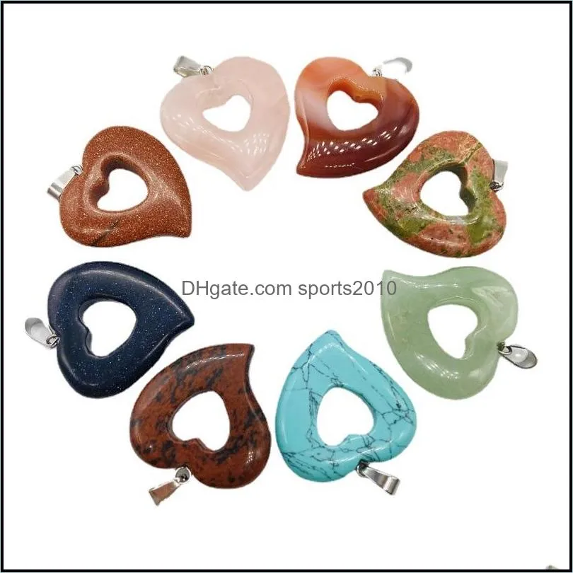 healing crystal natural stone pendant hollow heart charms turquoise tiger eye lapsi crystal rope chain necklaces wholesale christmas jewelry