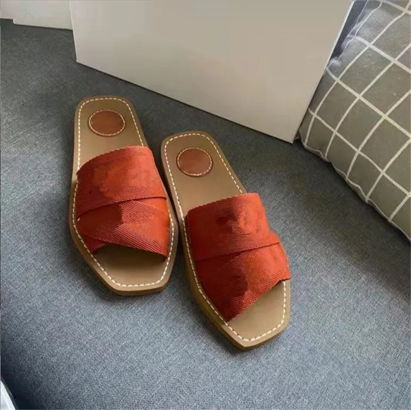 2022 Marque Femmes Woody Sandale Mules Fflat Pantoufle Deisgner Lady Lettrage Tissu Extérieur En Cuir orange noir Sole Slide taille 35-42