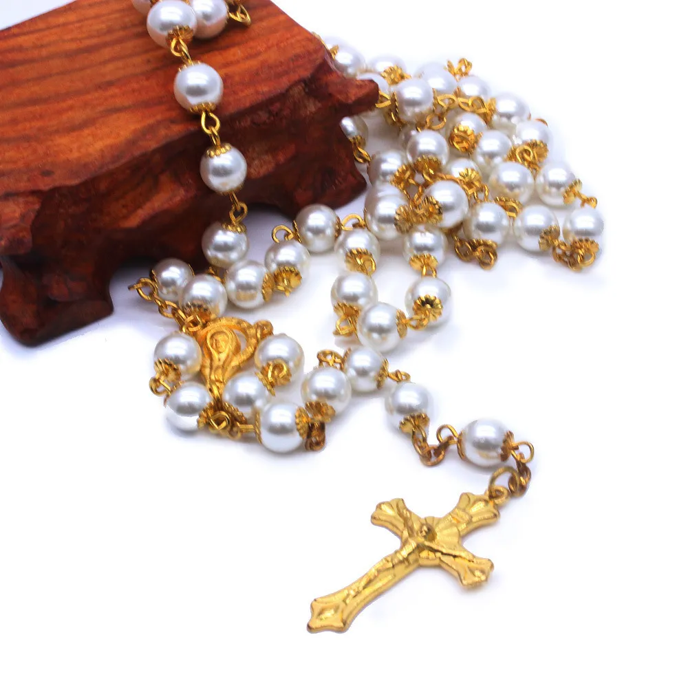 Golden Pearl Rosary Beads Necklace Jewelry Cross Catholic Religious Supplies