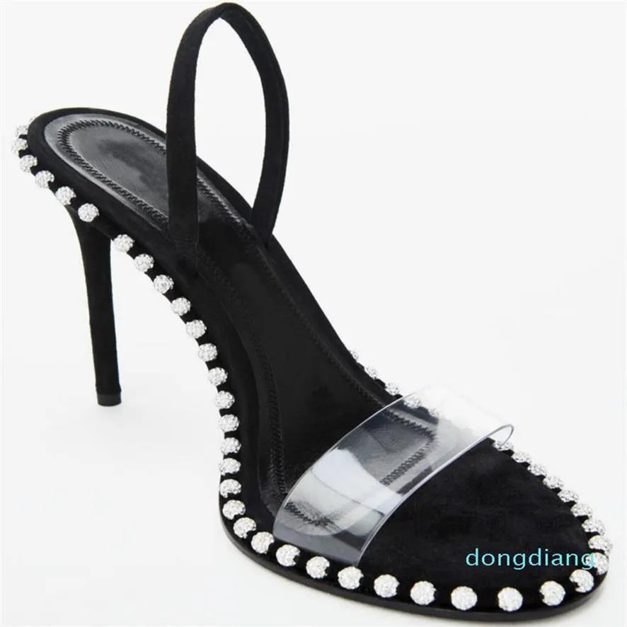 Fashion top agrade rhinestone real leather studded sling back sandals sandals nova high heels285q295b
