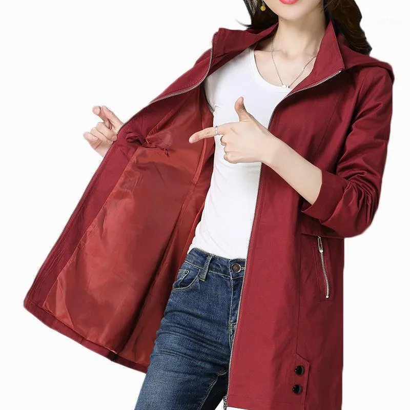 Trench Coats Feminino Plus Size 4XL Primavera Feminino Casaco Longo 2022 Outono Casual Solto Jaqueta Vento Feminino Com Capuz Feminino Fino Quebra-vento