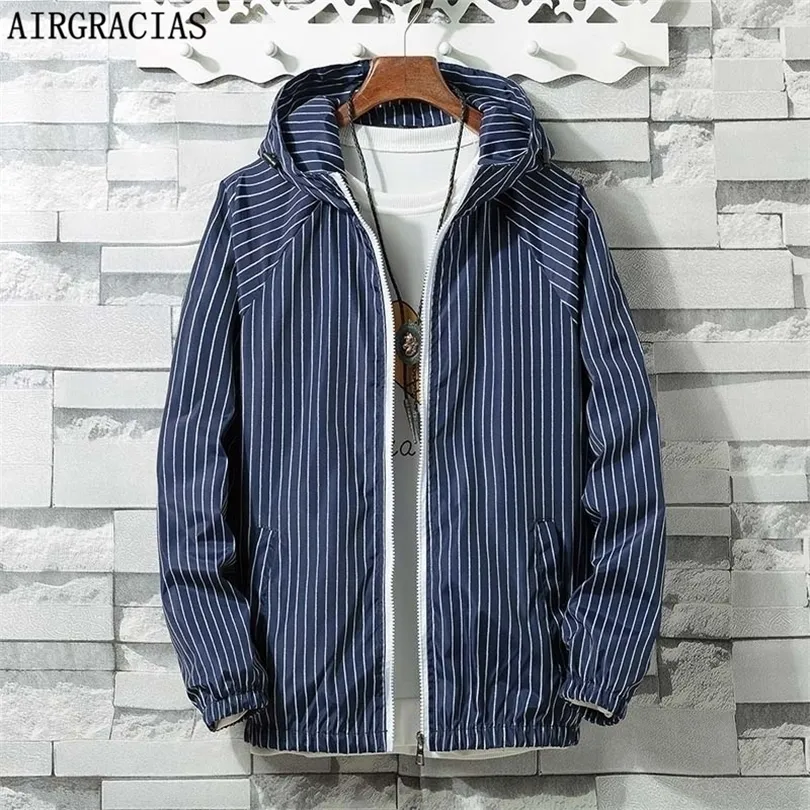 AIRGRACIAS Automne Nouveaux Hommes Bomber Veste À Capuche Mâle Casual Streetwear Rayé Veste Hommes Manteau Vêtements Taille S4XL T200603