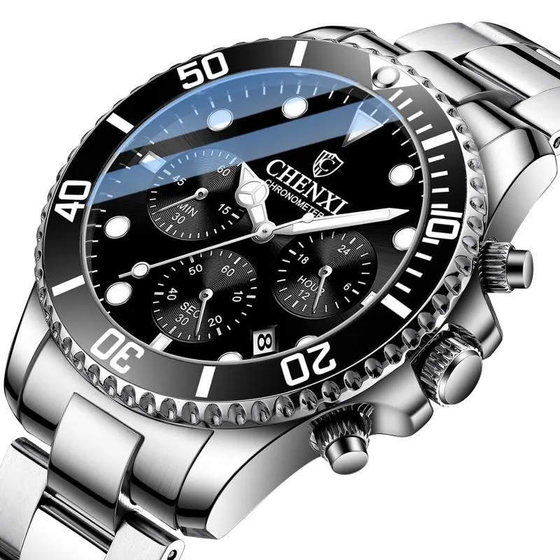 Нарученные часы классические роскошные мужчины хронограф часы чернокожих серебряных из нержавеющей стали повседневная бренда Chenxi Function Quartz.