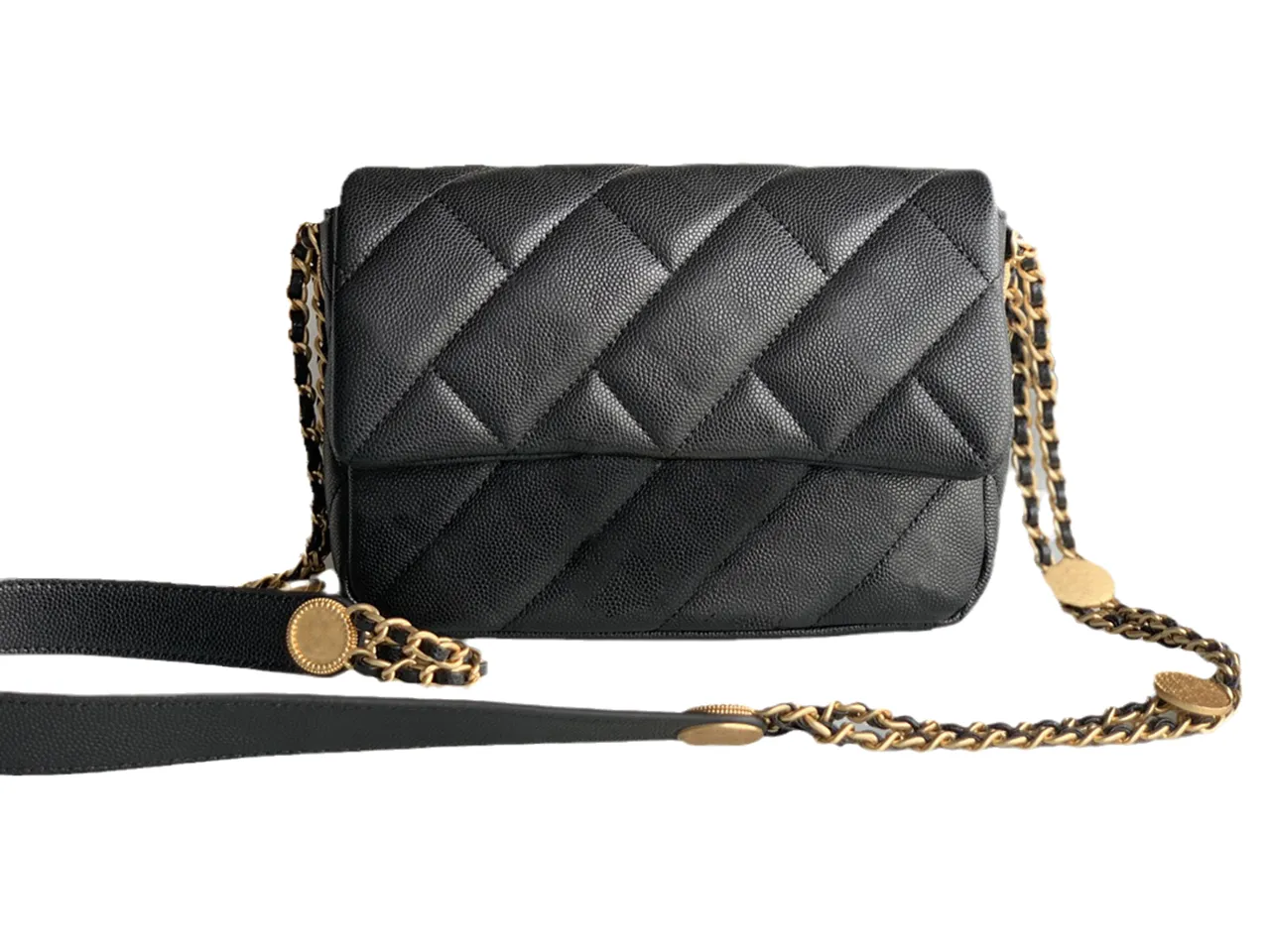 Borsa A Tracolla Trapuntata Nera Con Catena, Vera Pelle, Piccola