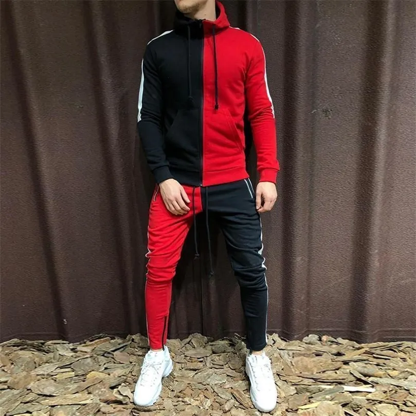 Heren Tracksuit Hoodie Set Twee stukken Autumn Winter Men's Sports Pak Half Zwart Half Witte broek Sweatshirt Male sweatsuit outfit 201128